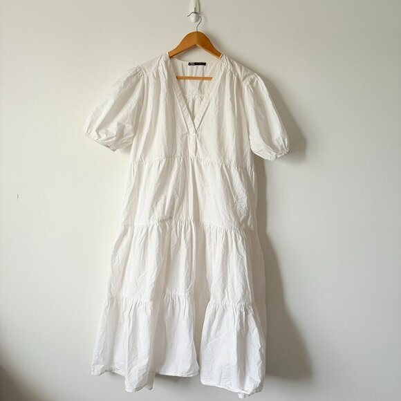 Zara Poplin Voluminous Short Sleeve Midi Dress White Size Medium - Picture 4 of 8